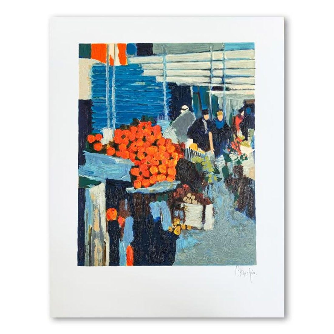 Claude Fauchere, "The Fruit Market" Hand Signed Limited Edition Serigraph on Paper with Letter of: The Fruit Market is a limited edition serigraph on paper by Claude Fauchere. It is numbered and hand signed and includes a letter of authenticity. Measures approximately 15.5" x 11.5" (image). Referen