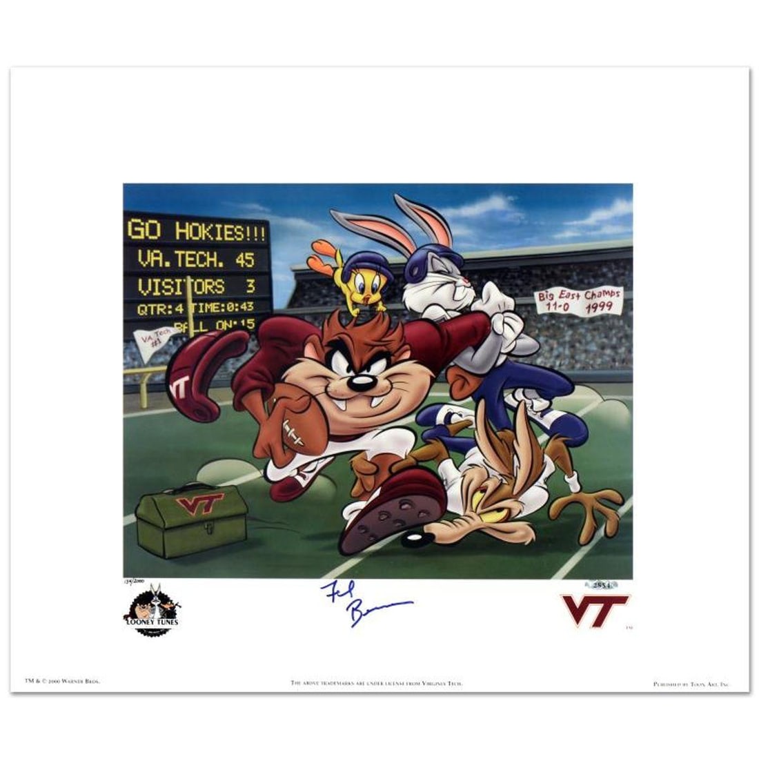 Virginia Tech, Frank Beamer Limited Edition Lithograph from Warner Bros., Numbered and Hand Signed: Virginia Tech - Frank Beamer is a limited edition lithograph on paper from Warner Bros., numbered and hand signed by Virginia Tech Head Football Coach, Frank Beamer, with hologram seal of Authenticity