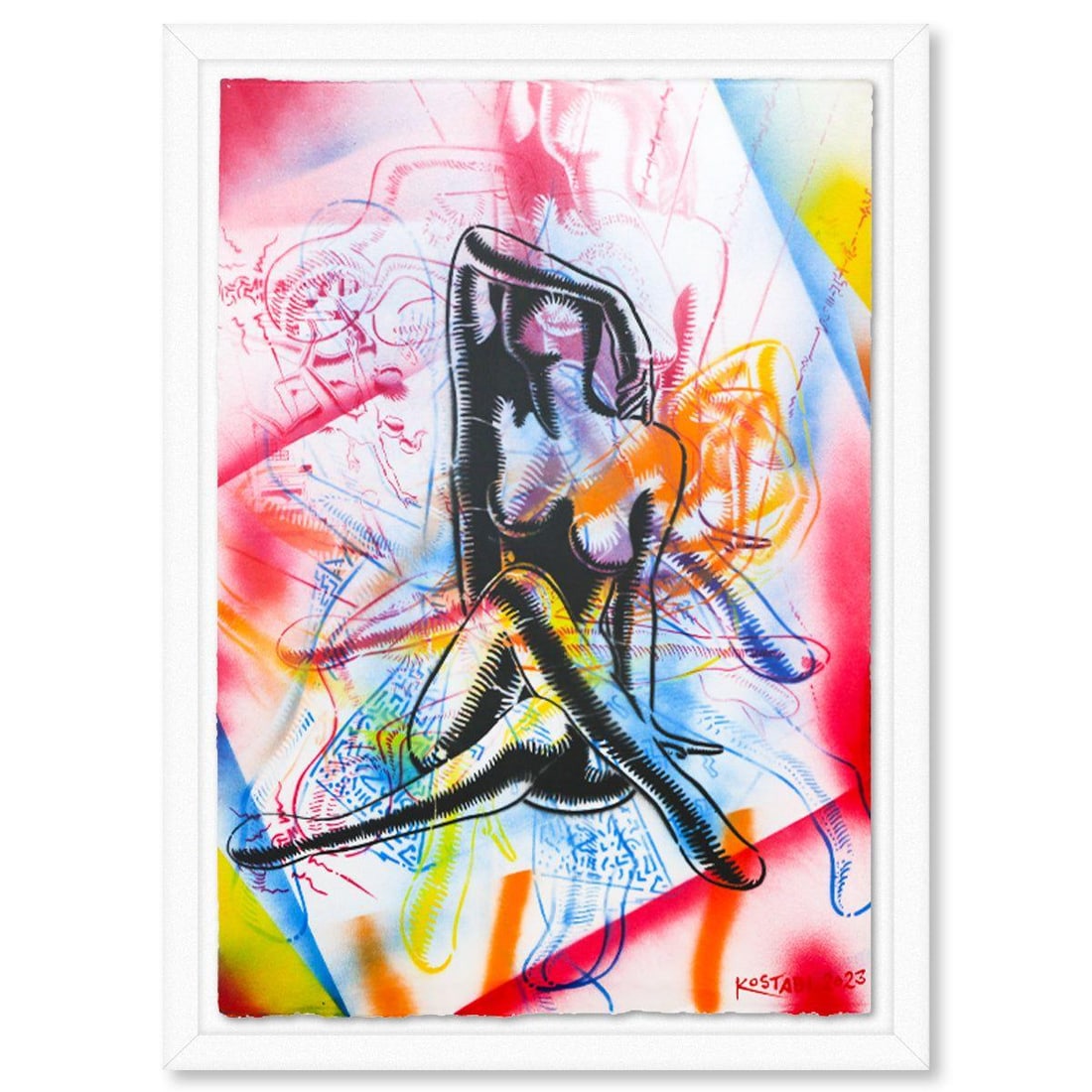Mark Kostabi- Original Mixed Media on Paper "Overwhelming Desire": Artist: Mark Kostabi. Medium: Original Mixed Media on Paper. Title: Overwhelming Desire. Size: 42" x 29". Measures approx. 47" x 35" (framed). Signature: Hand signed. Certificate of Authenticity: Is i
