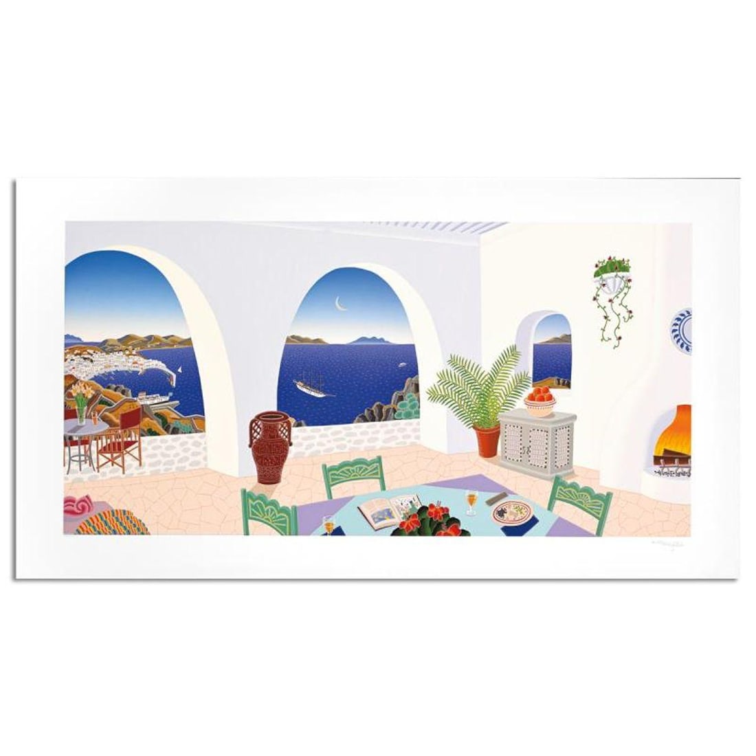 Thomas Mcknight, "Tourlos Bay" Limited Edition Serigraph, Numbered and Hand Signed with Letter of: Tourlos Bay is a limited edition serigraph on paper by Thomas Mcknight, numbered and hand signed by the artist. Includes Letter of Authenticity. Measures approx. 42" x 23" (border), 36" x 18" (image).