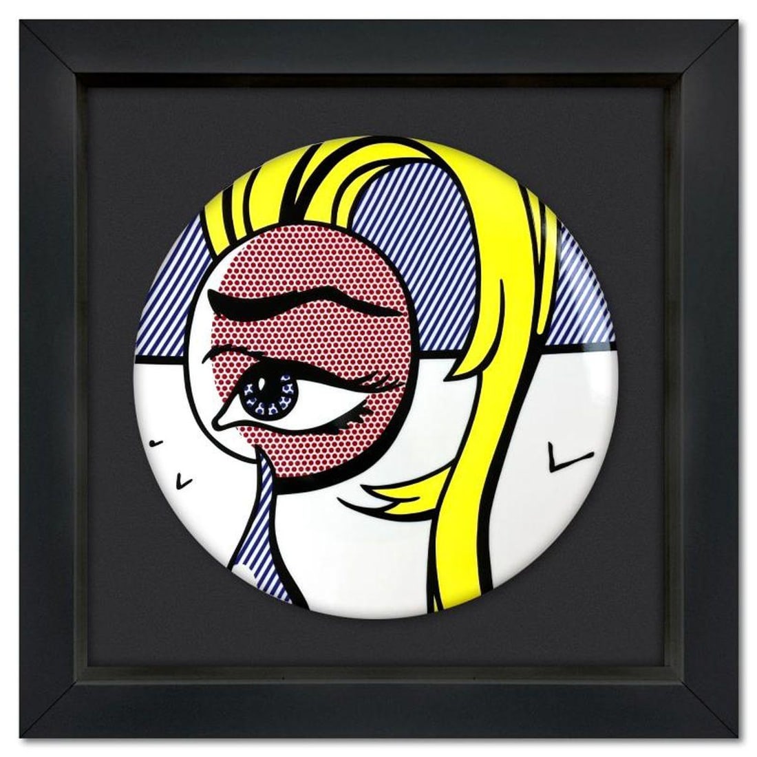 Roy Lichtenstein (1923-1997), "Girl with Tear" Framed Limoges Porcelain Plate.: Girl with Tear is a Limoges porcelain plate featuring art by Roy Lichtenstein (1923-1997). This plate is custom framed and floated on linen. Measures approx. 16" x 16" (frame), 11" (plate diameter). T