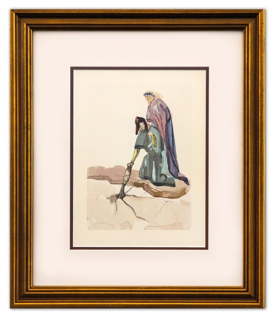 Salvador Dali- Original Color Woodcut on B.F.K. Rives Paper "Inferno 32": Artist: Salvador Dali. Medium: Original Color Woodcut on B.F.K. Rives Paper. Title: Inferno 32. Size: 13" x 10". Measures approx. 22" x 18" (framed). Certificate of Authenticity: Is included. Addition