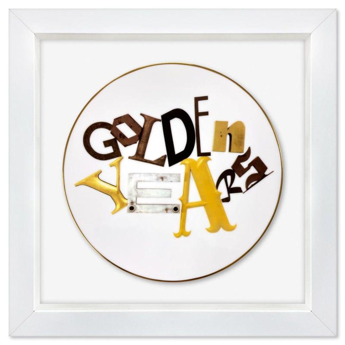 Jack Pierson, "Golden Years" Framed Limoges Porcelain Plate.: "Golden Years" is a Limoges porcelain plate by Jack Pierson. This plate is custom framed and floated on linen. Measures approx. 16" x 16" (frame), 11" (plate diameter). This item requires special hand