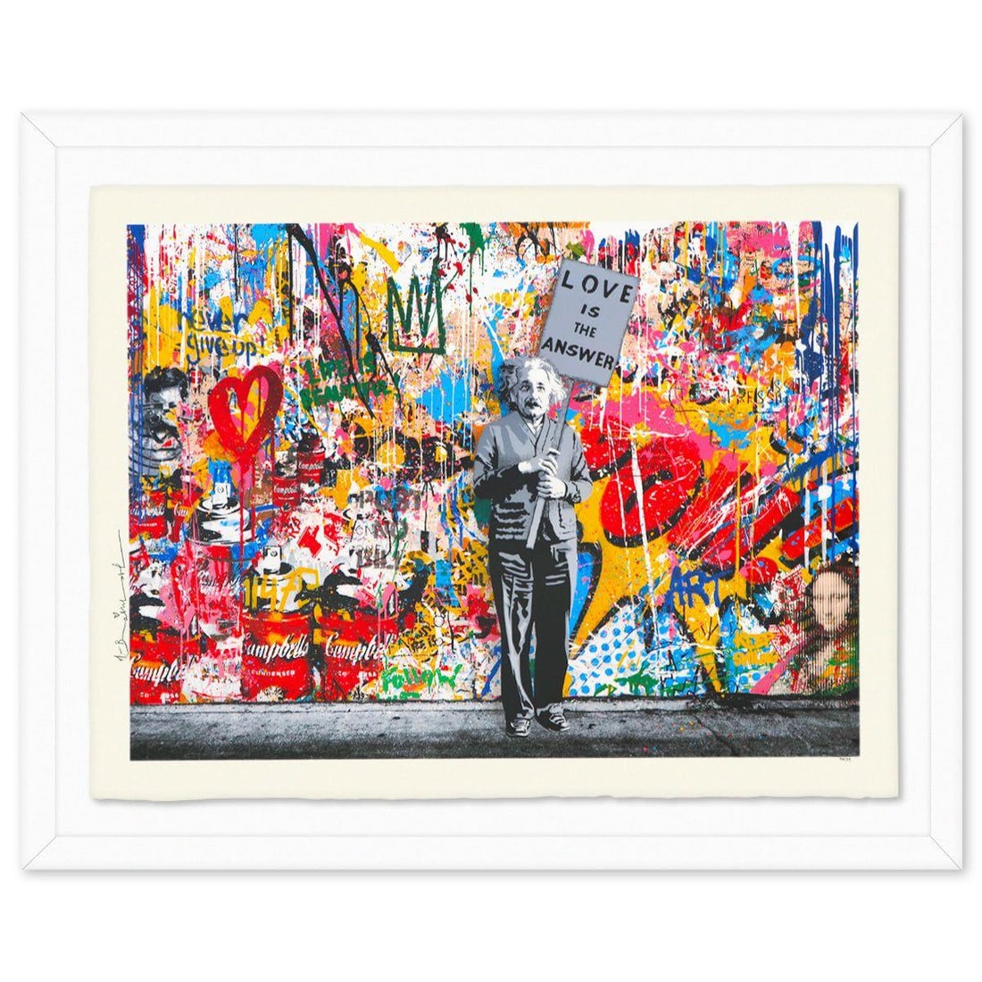 Mr Brainwash- Silkcreen on Paper "M=bw² - Collage, 2024": Artist: Mr Brainwash. Medium: Silkcreen on Paper. Title: M=bw² - Collage, 2024. Size: 22" x 30". Measures approx. 28" x 35" (framed). Signature: Hand signed and numbered. Certificate of Authenticity:
