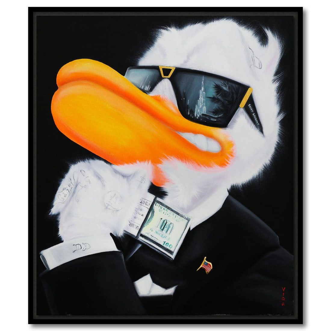 Viqa- Original Oil on Canvas with Collage "Donald Duck Boss": Artist: Viqa. Medium: Original Oil on Canvas with Collage. Title: Donald Duck Boss. Size: 28" x 23". Measures approx. 29" x 25" (framed). Signature: Hand signed by the artist. Certificate of Authentic
