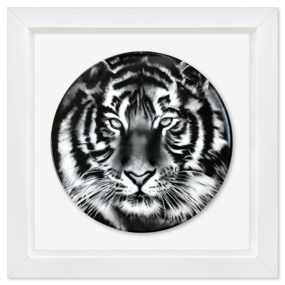 Robert Longo, "Tiger" Framed Limoges Porcelain Plate.: Tiger is a Limoges porcelain by Robert Longo. This plate is custom framed and floated on linen. Measures approx. 16" x 16" (frame), 11" (plate diameter). This item requires special handling and may ha
