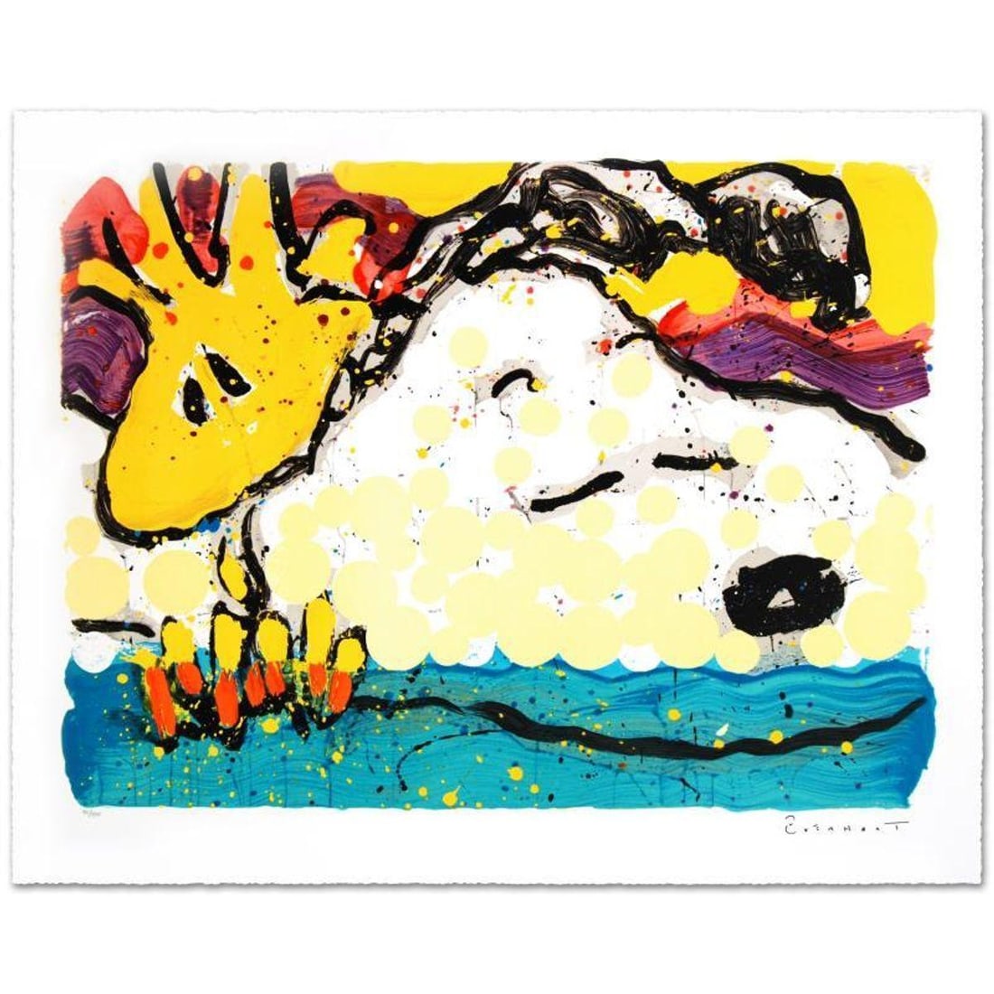 Bora Bora Boogie Bored Limited Edition Hand Pulled Original Lithograph by Renowned Charles Schulz: Bora Bora Boogie Bored is a limited edition hand pulled original lithograph on museum quality deckle-edge paper, numbered and hand signed by Tom Everhart. This is one of the final Everhart editions to