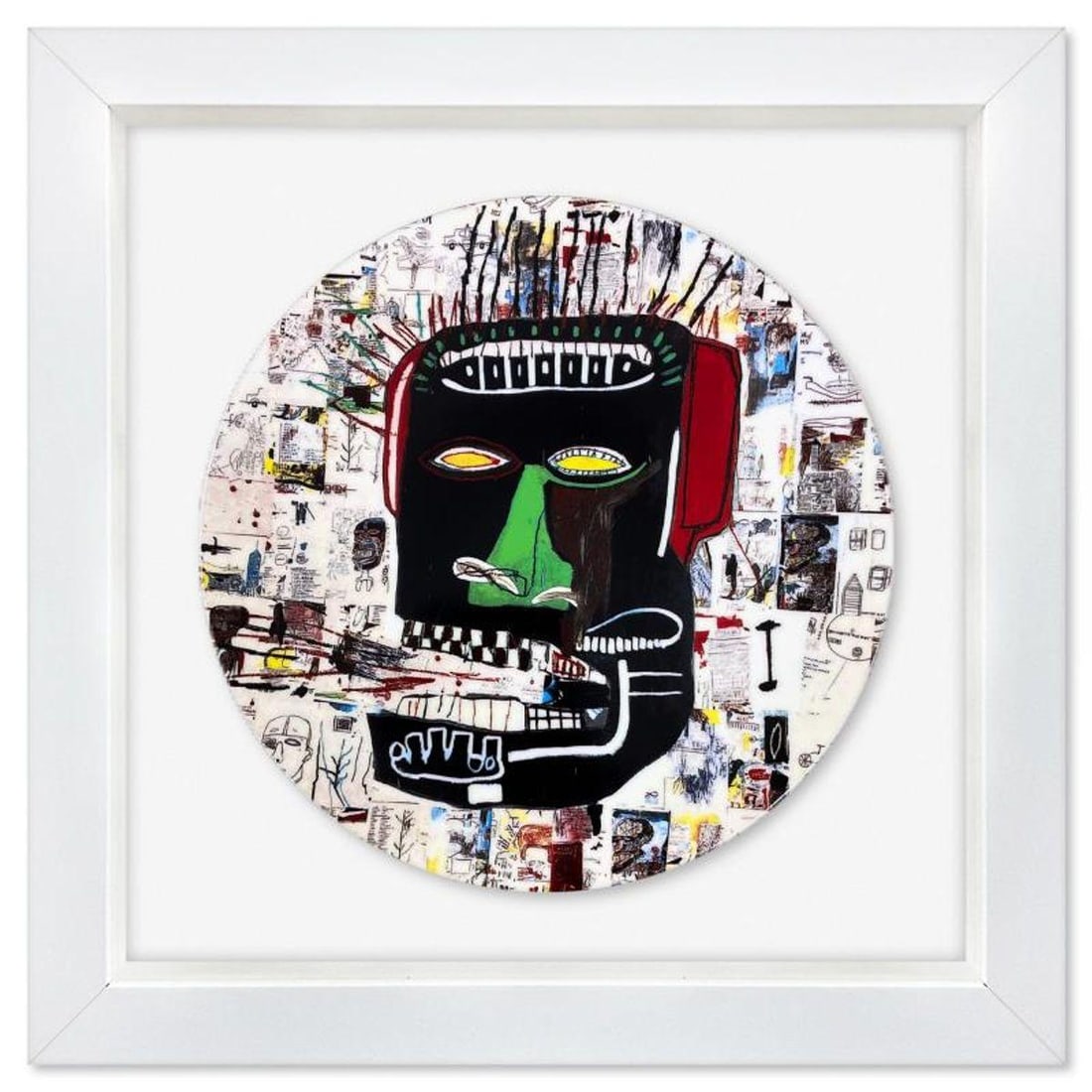 Jean-Michel Basquiat (1960-1988), "Glenn 1984" Framed Limoges Porcelain Plate.: Glenn 1984 is a Limoges porcelain plate bearing the plate signature inverso of Jean-Michel Basquiat (1960-1988). This plate is custom framed and floated on linen. Measures approx. 16" x 16" (frame), 1