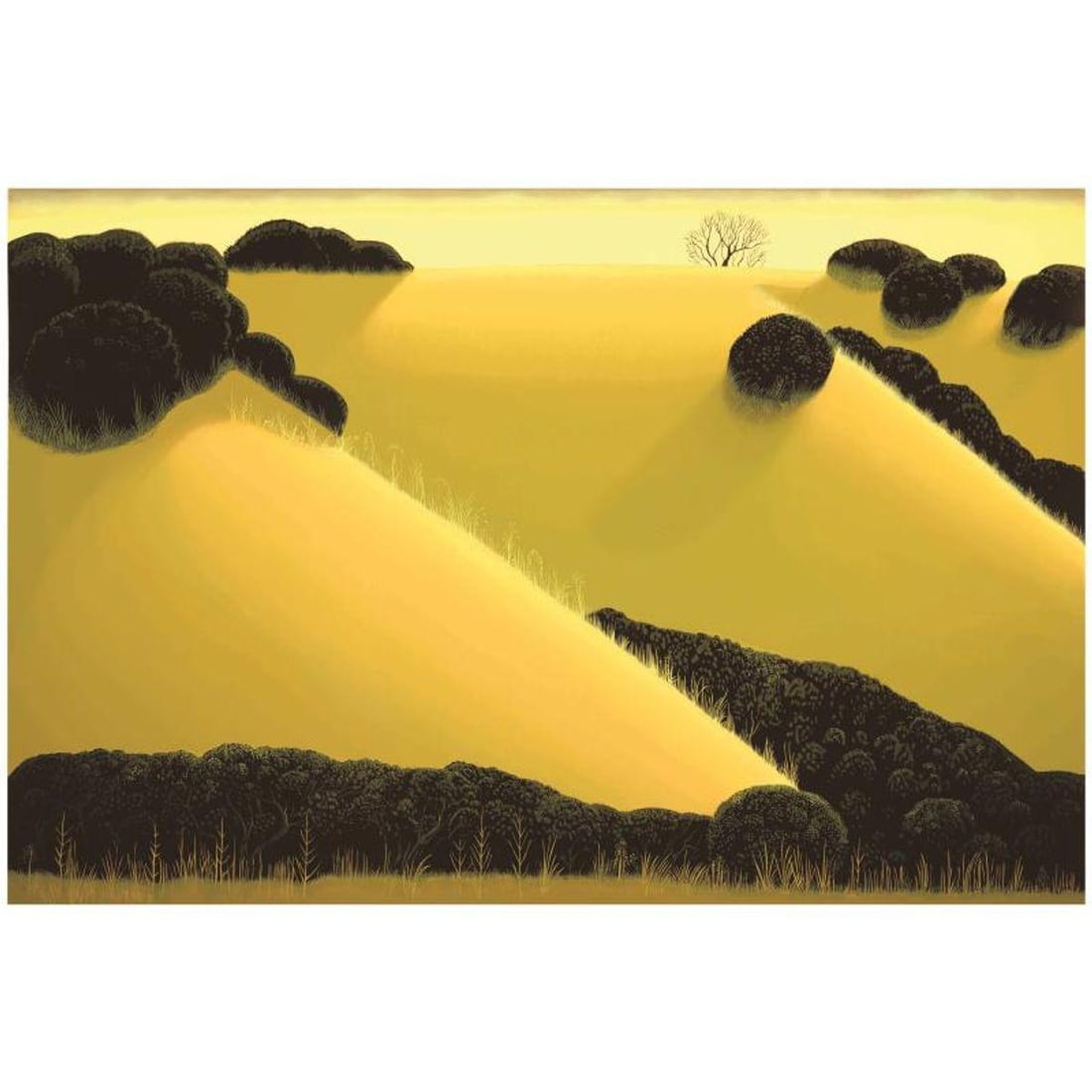 Eyvind Earle (1916-2000), "Golden Hills" Estate Limited Edition Serigraph on Paper with Certificate: Golden Hills is an estate limited edition serigraph on paper by Eyvind Earle (1916-2000). The piece is numbered, gold stamped with the artist's trademark signature by Eyvind Earle Publishing LLC. and