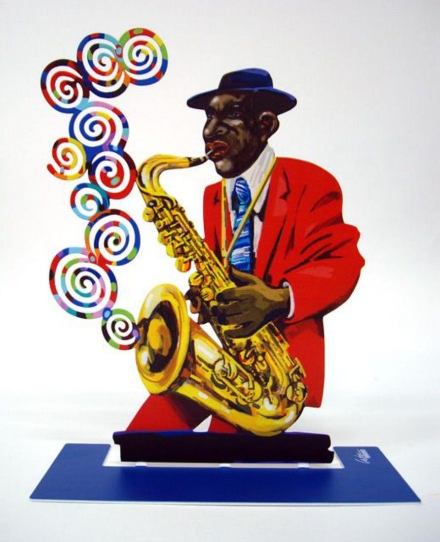 David Gerstein- Free Standing Sculpture "Saxophone Player (Jazz Club)": Artist: David Gerstein. Medium: Free Standing Sculpture. Title: Saxophone Player (Jazz Club). Size: 11.8" x 9.4". Signature: Signed by the artist. Certificate of Authenticity: Is included. Additional: