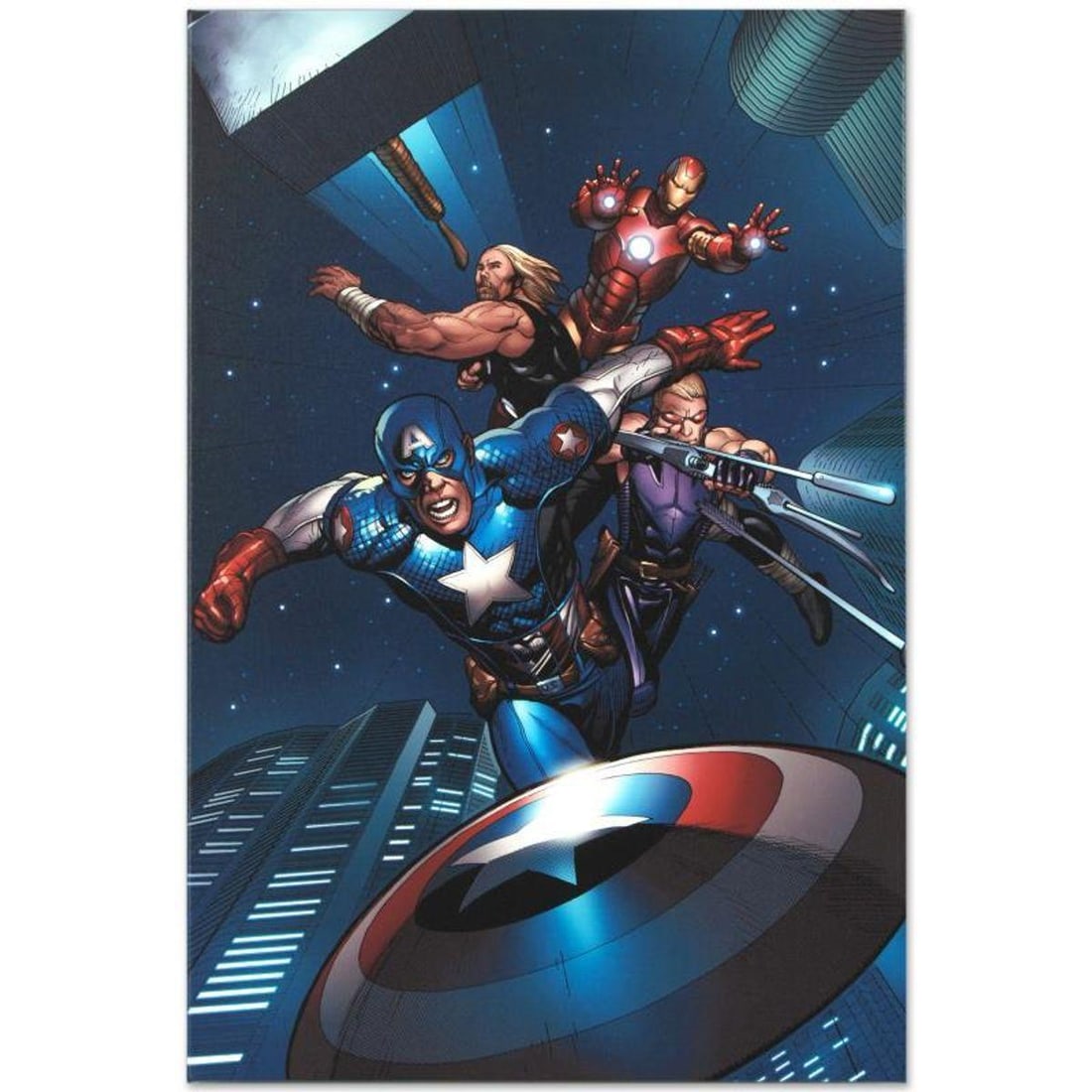 Marvel Comics "Ultimate New Ultimates #5" Numbered Limited Edition Giclee on Canvas by Frank Cho: A piece of comic book history, this limited edition, from original art by Frank Cho, depicts Captain America, Thor, Hawkeye and Iron Man. A self-taught artist, Frank Cho has drawn issues of The New Av