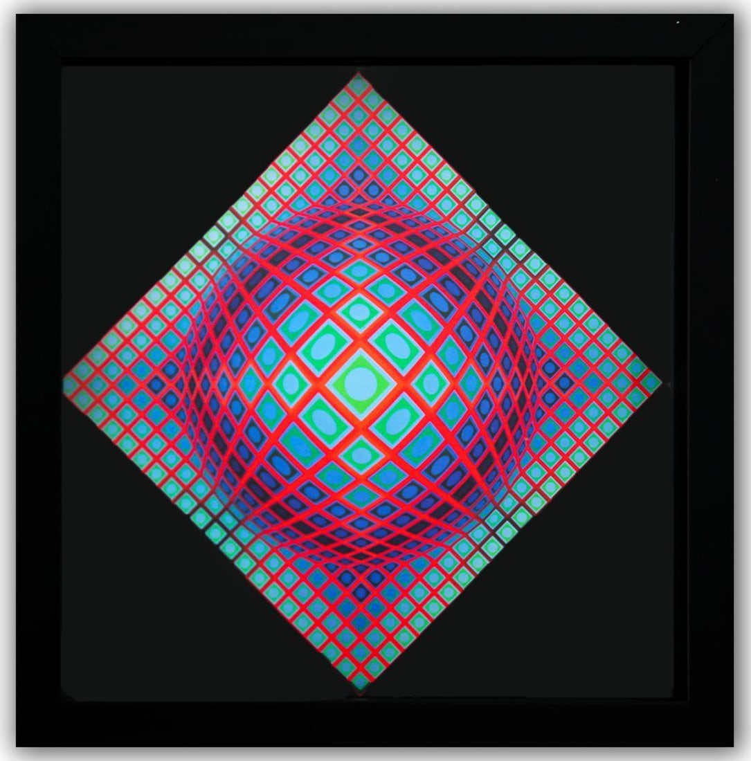 Victor Vasarely- Heliogravure Print "Untitled": Artist: Victor Vasarely. Medium: Heliogravure Print. Title: Untitled. Size: 10" x 10". Measures approx. 12" x 12" (framed). Additional: Custom Framed. Reference#: 21485.