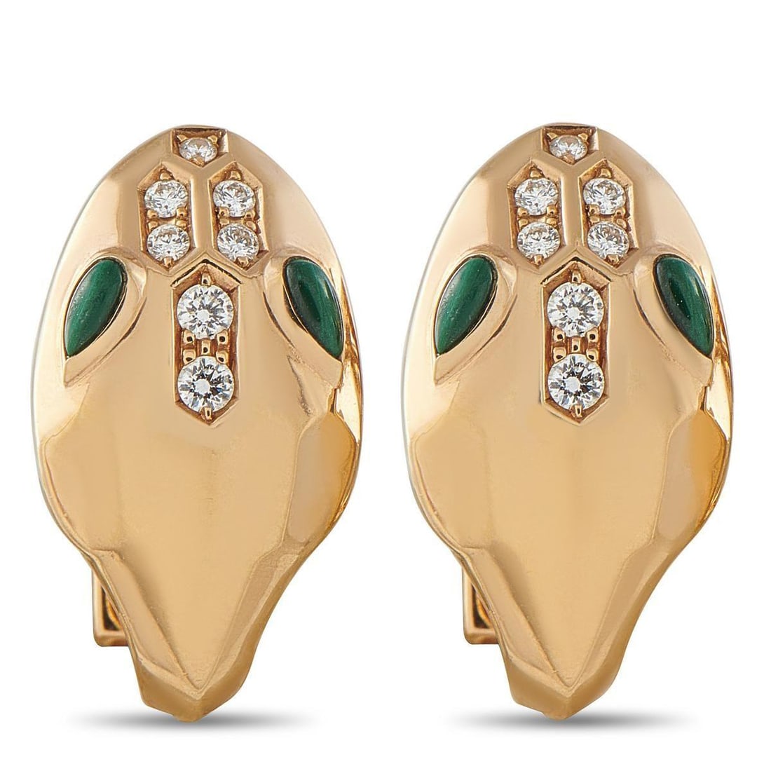 BVLGARI SERPENTI SEDUTTORI 18K YELLOW GOLD DIAMOND AND MALACHITE EARRINGS: Focusing on the captivating head of the snake, these Bvlgari earrings from the Serpenti Seduttori collection balance the warmth of yellow gold with the sparkle of diamonds and the vibrant green of mal