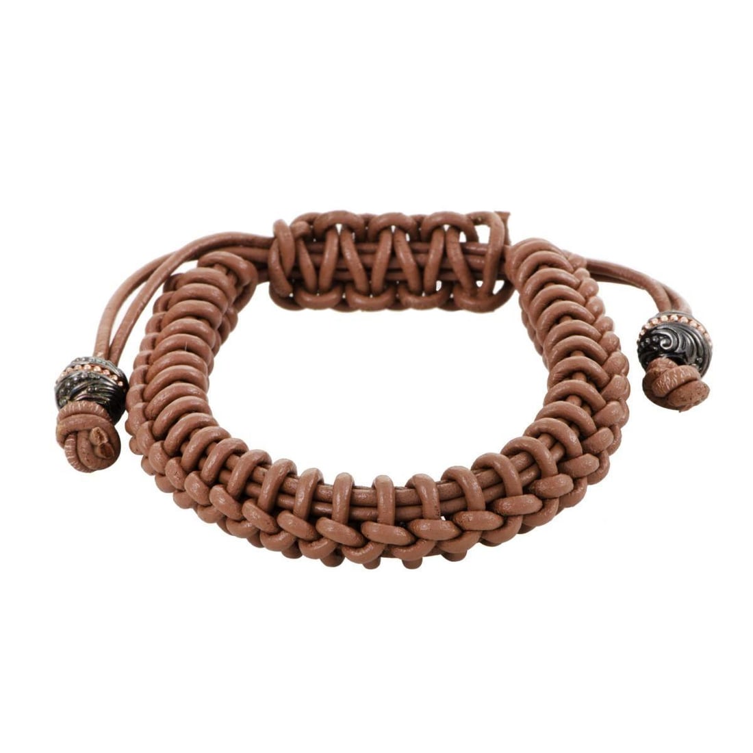 STEPHEN WEBSTER NO REGRETS SILVER TIPPED WOVEN LEATHER BROWN BRACELET: Boasting a casual and slightly vintage look owing to its tasteful color and offbeat idea, this remarkable bracelet from Stephen Webster's No Regrets collection is made of brown leather woven into an i