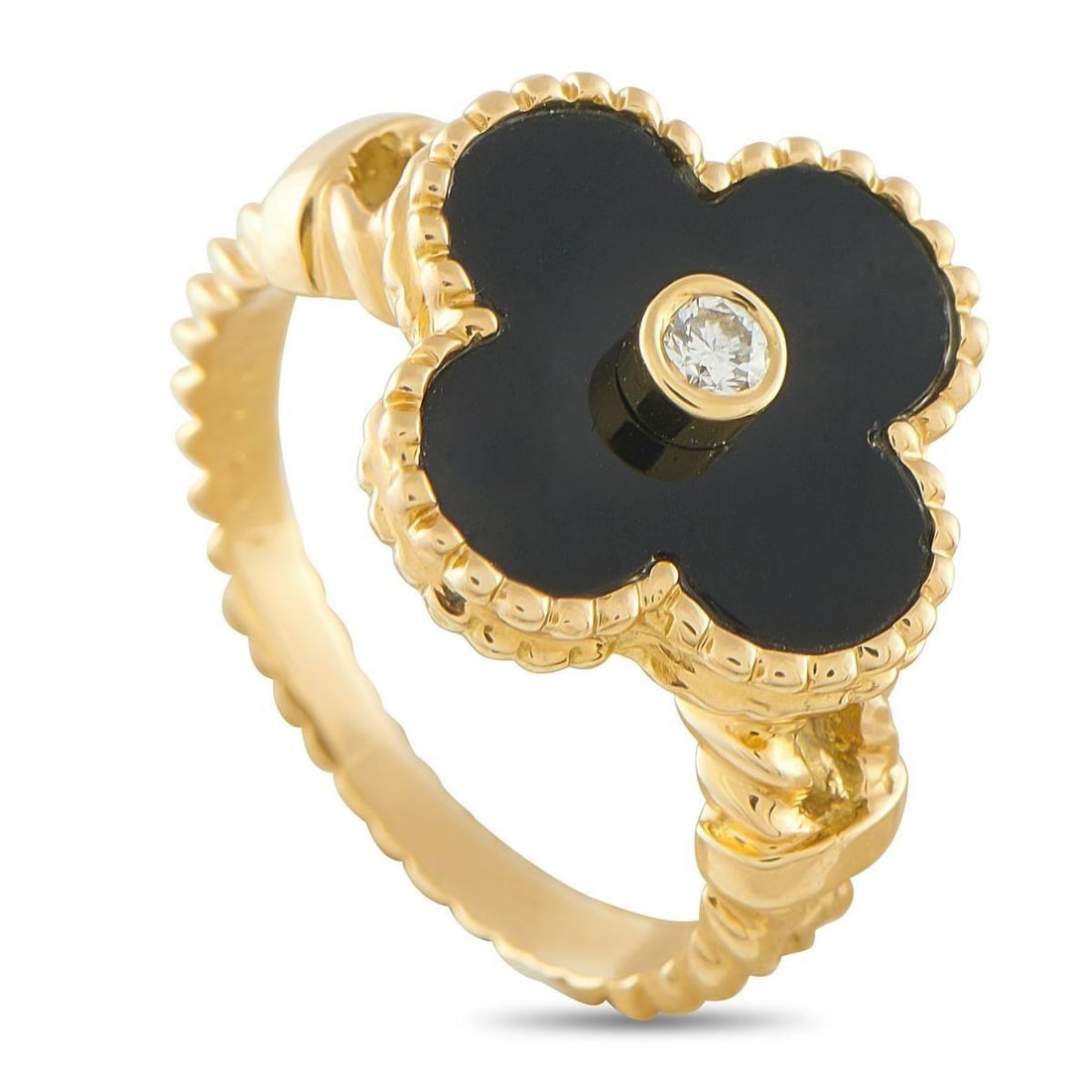 VAN CLEEF & ARPELS ALHAMBRA 18K YELLOW GOLD DIAMOND AND ONYX RING: This Alhambra piece possesses an undeniable nocturnal elegance. It features a polished black onyx tracing the four-leaf-clover motif centerpiece. The black inlay creates a bold, dramatic contrast agai