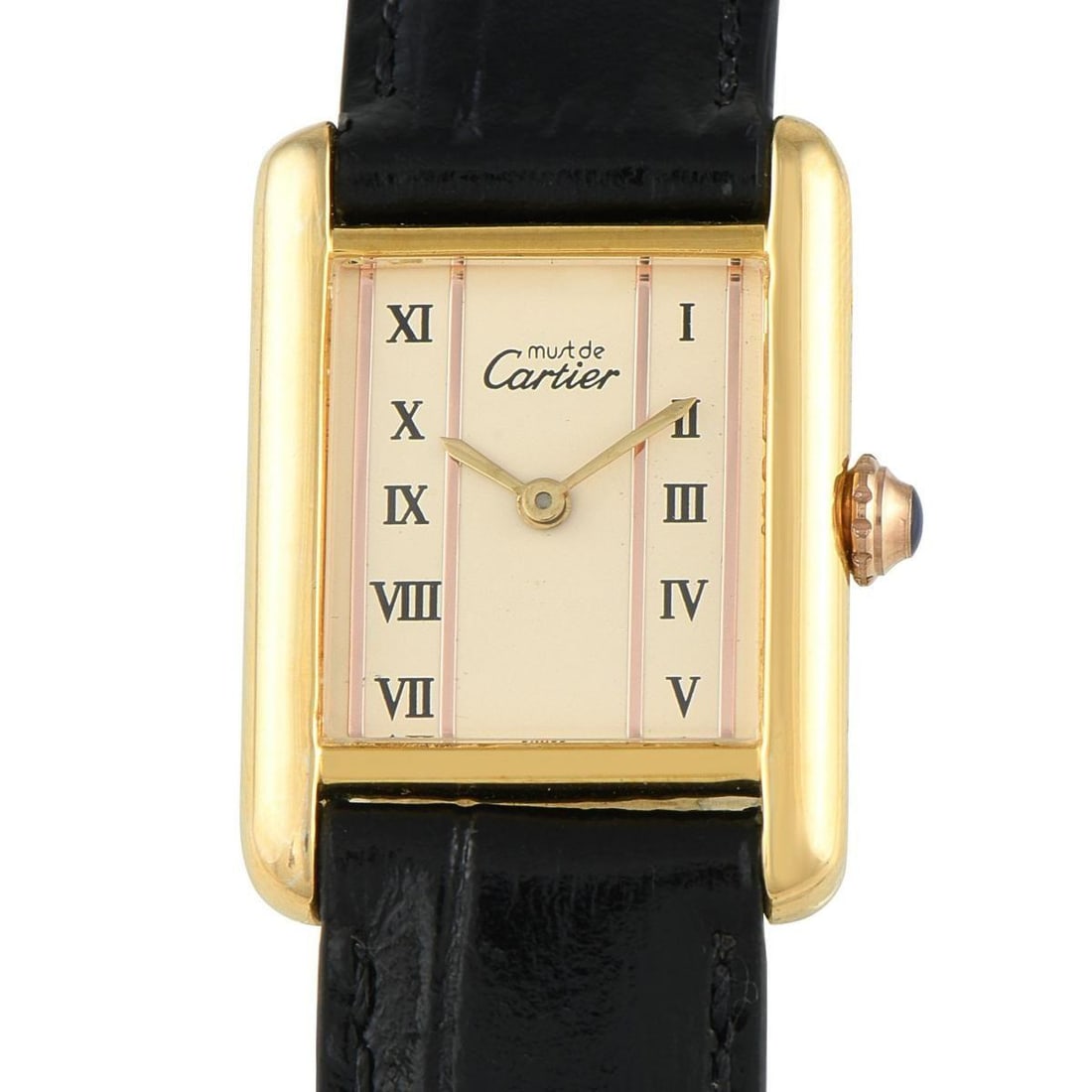 CARTIER MUST DE CARTIER TANK COLUMN DIAL VERMEIL QUARTZ WATCH: Released in the 1990s, here is one rare version of Cartier's Must Tank with an unconventional column dial. This timepiece has the signature Tank silhouette, with a 23mm x 30mm case crafted in sterling