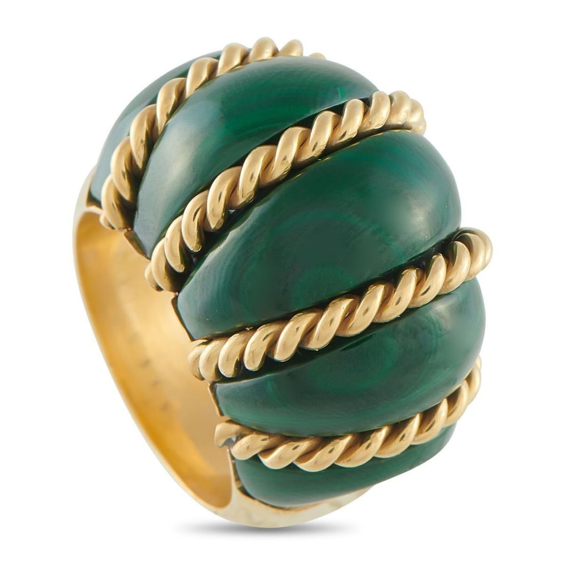 SEAMAN SCHEPPS 18K YELLOW GOLD MALACHITE COCKTAIL RING: No doubt, this cocktail ring will add interest to your looks. Made by Seaman Schepps, this eye-catching bauble features a chunky band with an even chunkier centerpiece. Gorgeous malachite stones sit i