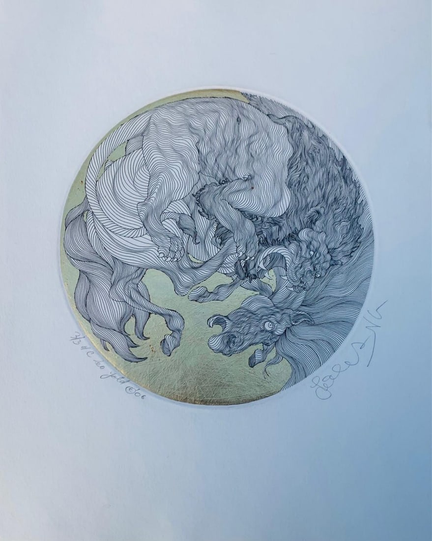 Guillaume Azoulay- Vintage etching on paper with hand laid gold leaf: Artist: Guillaume Azoulay. Medium: Vintage etching on paper with hand laid gold leaf. Size: 13" x 16". Signature: Signed and Numbered. Reference#: 49045.