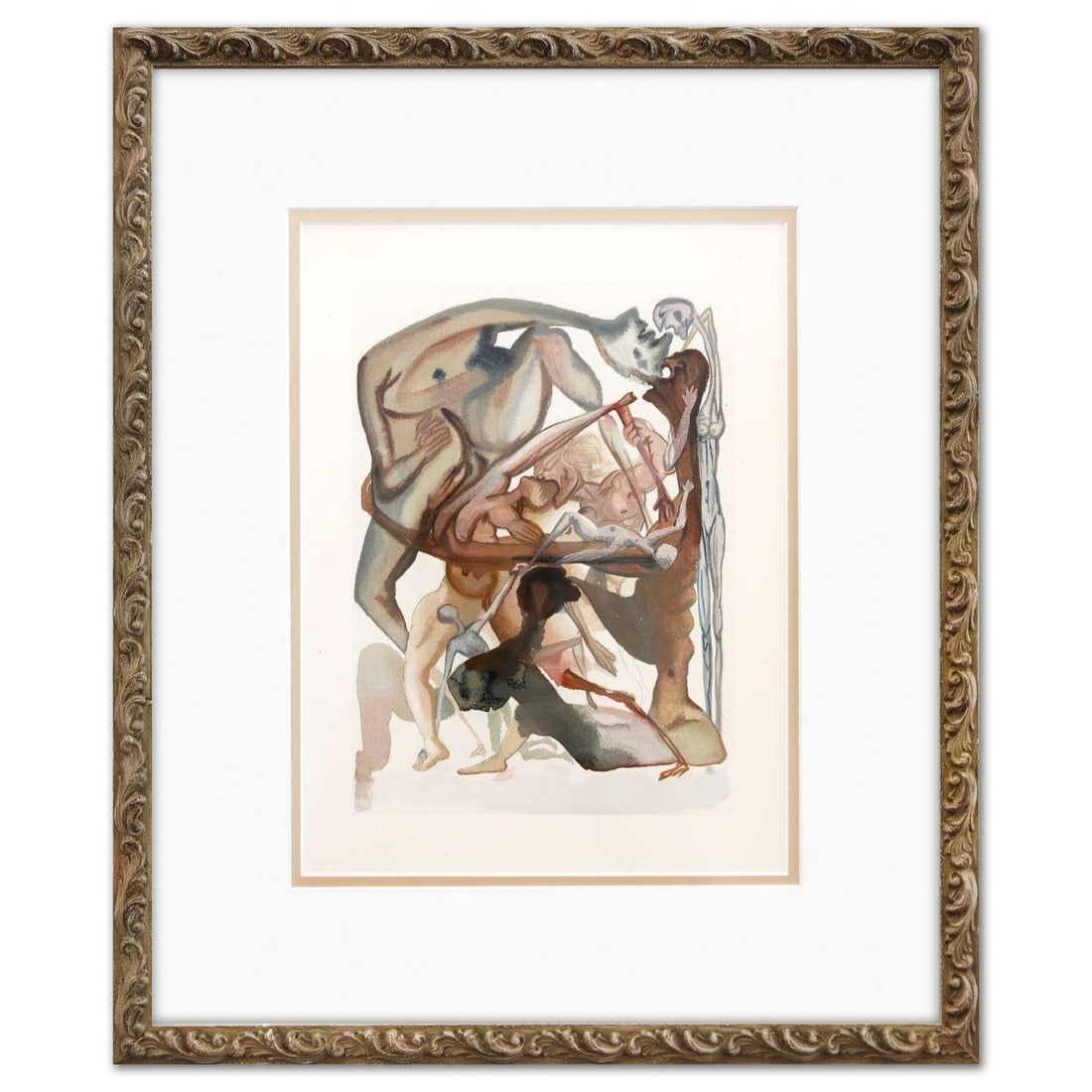 Salvador Dali- Original Color Woodcut on B.F.K. Rives Paper "Inferno 4": Artist: Salvador Dali. Medium: Original Color Woodcut on B.F.K. Rives Paper. Title: Inferno 4. Size: 13" x 10". Measures approx. 20" x 18" (framed). Certificate of Authenticity: Is included. Additiona