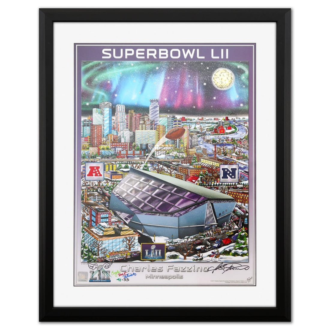 Charles Fazzino- Poster "Super Bowl Lll": Artist: Charles Fazzino. Medium: Poster. Title: Super Bowl Lll. Size: 24" x 18". Measures approx. 31" x 25" (framed). Signature: Hand signed. Certificate of Authenticity: Is included. Additional: 41/3
