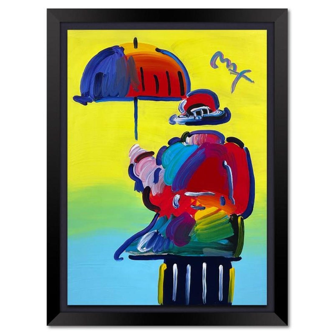 Peter Max, "Umbrella Man" Framed One-of-a-Kind Acrylic Mixed Media (38.5" x 30"), Hand Signed with: Umbrella Man is a one-of-a-kind acrylic mixed media on paper, hand signed by Peter Max. The piece comes custom framed with a backside cutout to display Peter Max Studio registration number 254516 cert