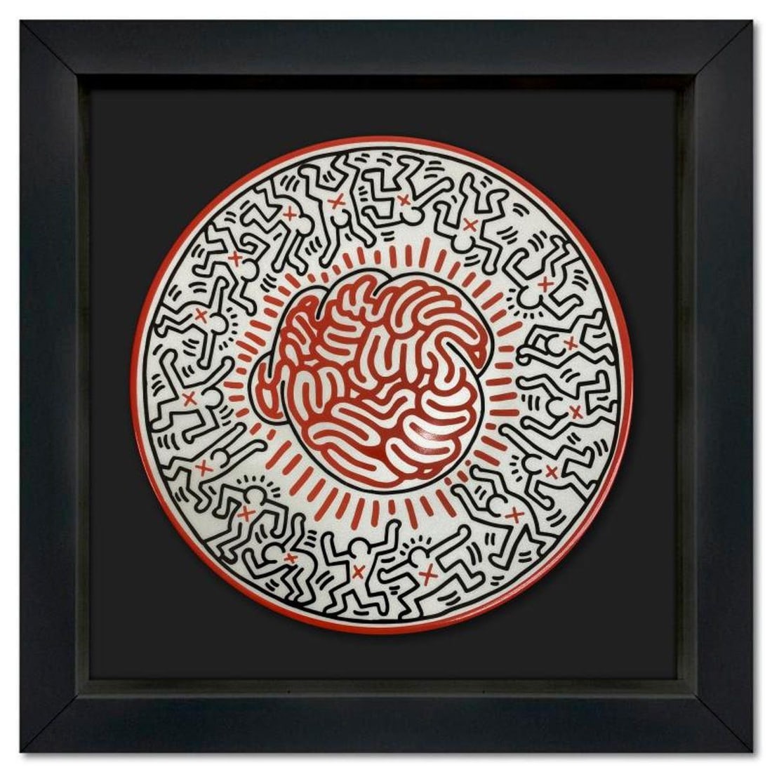 Keith Haring (1958-1990), "Brain" Framed Limoges Porcelain Plate.: Brain is a Limoges porcelain plate bearing the plate signature inverso of Keith Haring (1958-1990). This plate is custom framed and floated on linen. Measures approx. 13.5" x 13.5" (frame), 8.5" (plat