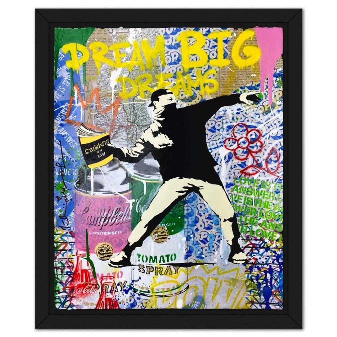 Mr. Brainwash, "Banksy Thrower" Framed Mixed Media Original, Hand Signed with Certificate of: Banksy Thrower is a mixed media original on deckle edge paper by Mr Brainwash, Hand Signed and thumbprinted inverso by the artist. This piece comes framed. Includes Certificate of Authenticity. Measur
