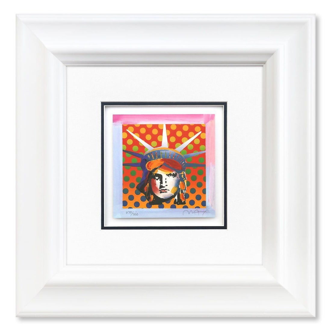 Peter Max- Original Lithograph "Liberty Head": Artist: Peter Max. Medium: Original Lithograph. Title: Liberty Head. Size: 7" x 7". Measures approx. 21" x 21" (framed). Signature: Hand signed and numbered. Certificate of Authenticity: Is included.