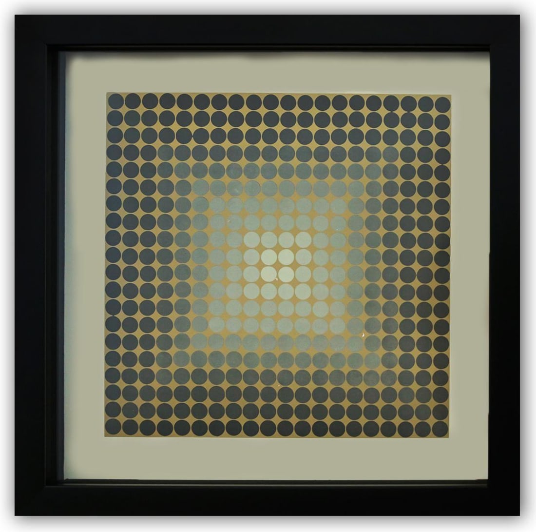 Victor Vasarely- Heliogravure Print "Untitled": Artist: Victor Vasarely. Medium: Heliogravure Print. Title: Untitled. Size: 11" x 11". Measures approx. 12" x 12" (framed). Certificate of Authenticity: Is Included. Additional: Custom Framed. Referen