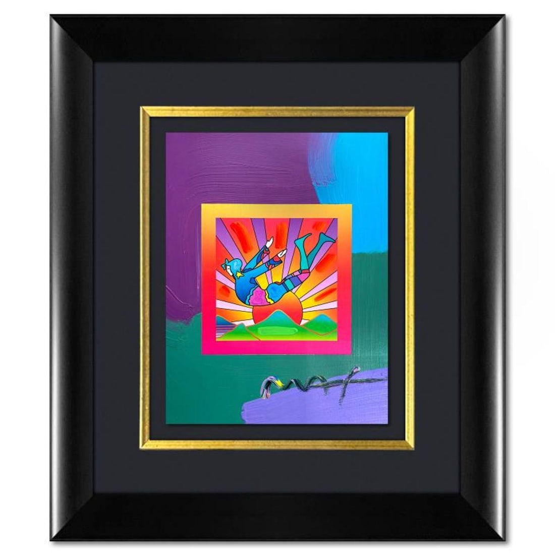 Peter Max, "Cosmic Flyer" Framed One-of-a-Kind Acrylic Mixed Media, Hand Signed with Registration: Cosmic Flyer is a hand signed one-of-a-kind acrylic mixed media on paper by Peter Max. The piece comes custom framed with a backside cutout to display Peter Max Studio registration number 267148 certi