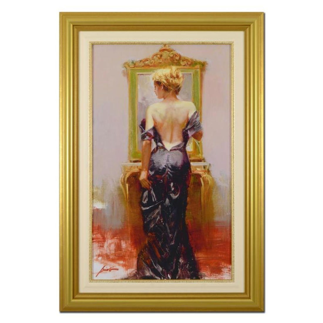 Pino (1939-2010), "Evening Elegance" Framed Limited Edition Hand Embellished Giclee on Canvas.: Pino's portraits allow glimpses into intensely personal, intimate spaces, conveying emotion through rich, warm color and sensual brushwork. "Evening Elegance" is a hand embellished limited edition gic