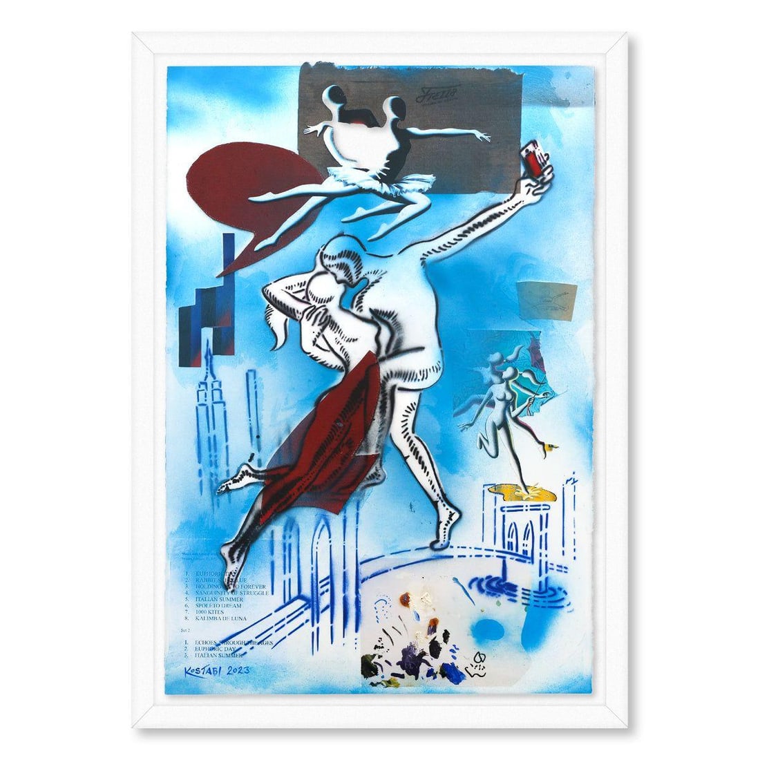 Mark Kostabi- Original Mixed Media on Paper "Euphoric Day": Artist: Mark Kostabi. Medium: Original Mixed Media on Paper. Title: Euphoric Day. Size: 44" x 30". Measures approx. 49" x 35" (framed). Signature: Hand Signed by the artist. Certificate of Authenticit