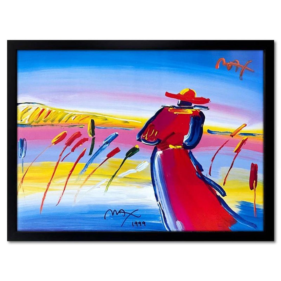 Peter Max, "Walking in Reeds" Framed Hand Signed Offset Lithograph with Letter of Authenticity.: Walking in Reeds is an offset lithograph on paper by Peter Max, hand signed by the artist. This piece comes custom framed. Includes Letter of Authenticity. Measures approx. 21.5" x 28" (frame), 17.5"