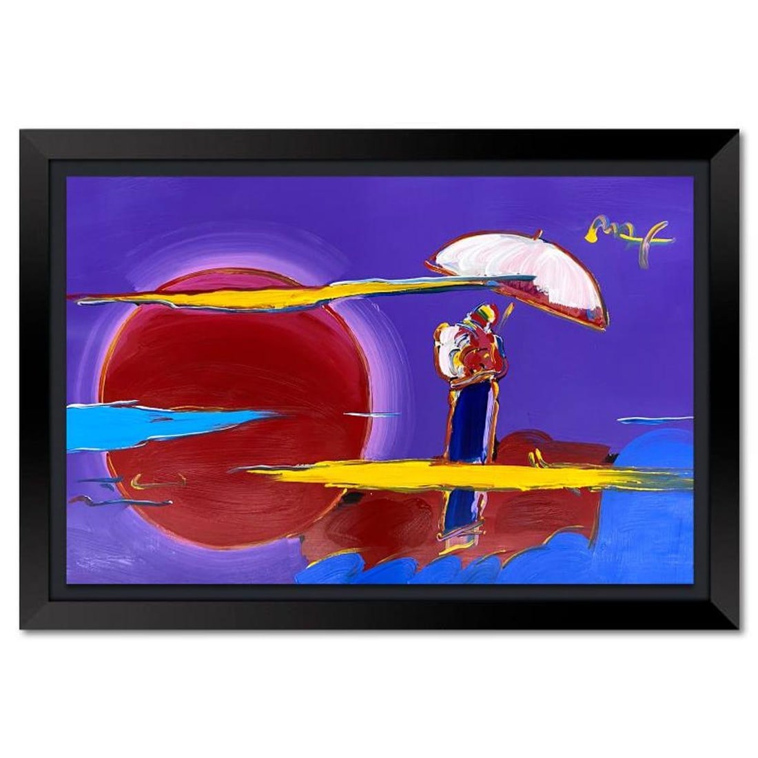 Peter Max, "New Moon 2" Framed One-of-a-Kind Mixed Media, Hand Signed with Registration Number: New Moon 2 is a one-of-a-kind mixed media on paper, hand signed by Peter Max. The piece comes custom framed with a backside cutout to display Peter Max Studio registration number 274757 certifying aut