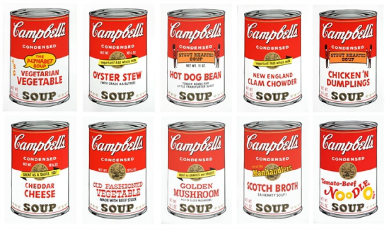 Andy Warhol- Silk Screen (Portfolio consisting of 10 different Soup Cans) "Campbell's Soup Can: Artist: Andy Warhol. Medium: Silk Screen (Portfolio consisting of 10 different Soup Cans). Title: Campbell's Soup Can Series II. Size: 35" x 23". Certificate of Authenticity: From the publisher. Addit
