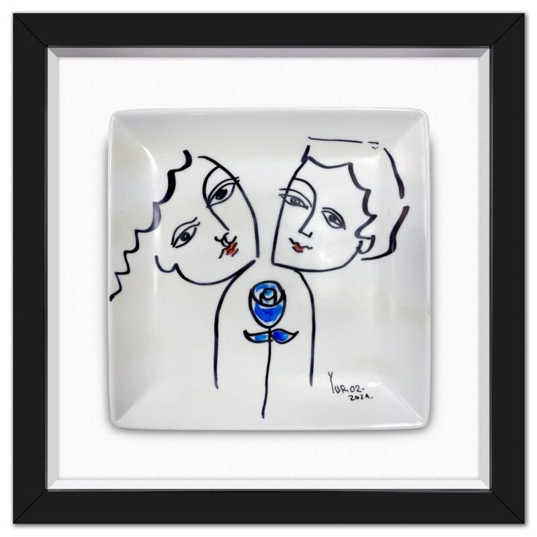 Yuroz, Framed Hand Painted Ceramic Plate, Hand Signed with Letter of Authenticity.: This is a hand painted ceramic plate by Yuroz, hand signed by the artist. This piece comes custom framed floated on linen. Includes Letter of Authenticity. Measures approx. 15.5" x 15.5" (frame), 10"