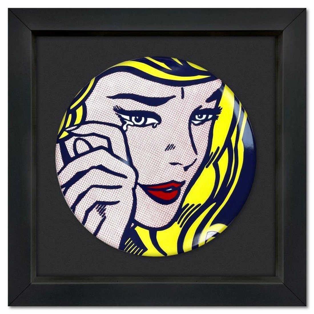 Roy Lichtenstein (1923-1997), "Crying Girl" Framed Limoges Porcelain Plate.: Crying Girl is a Limoges porcelain plate featuring art by Roy Lichtenstein (1923-1997). This plate is custom framed and floated on linen. Measures approx. 16" x 16" (frame), 11" (plate diameter). This