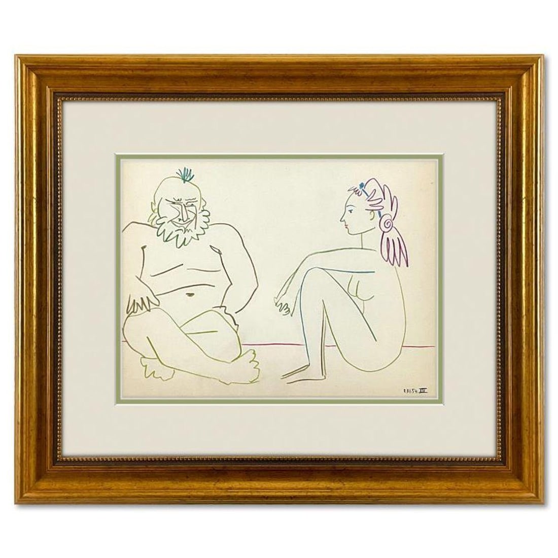 Pablo Picasso (1881-1973), "La Comedie Humaine 27.1.54-I" Framed Vintage Lithograph on Paper with: La Comedie Humaine 27.1.54-I is a vintage lithograph on paper by Pablo Picasso (1881-1973). This piece is from Picasso's Carnet de Californie Series and was printed in Paris, France by Mourlot Studios