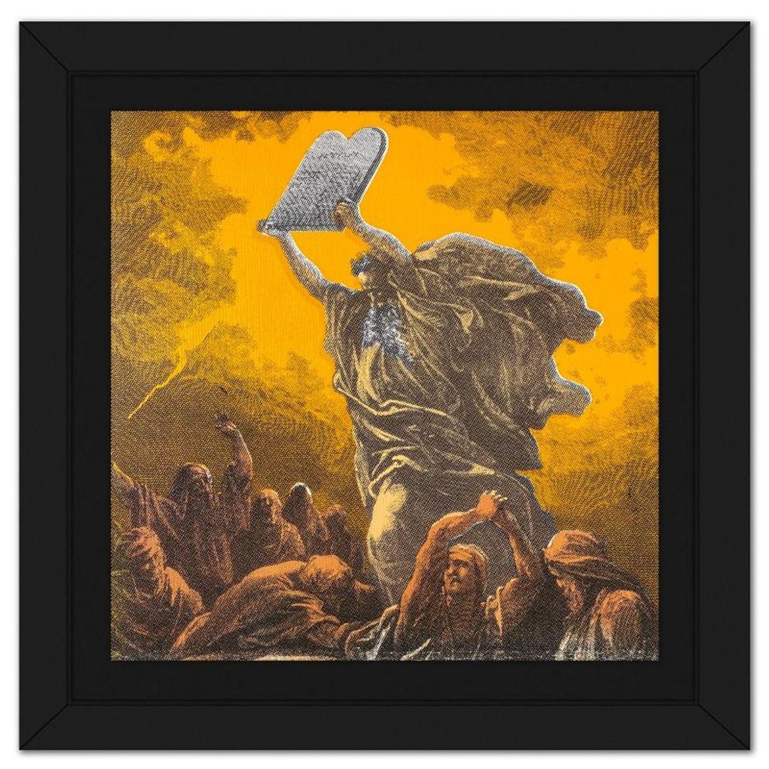 Steve Kaufman (1960-2010), "Moses & the Ten Commandments" Framed Hand Embellished Limited Edition: Moses & the Ten Commandments is a hand embellished limited edition silkscreen on canvas by Andy Warhol protege, Steve Kaufman (1960-2010), numbered AP 6/50 inverso and hand signed by the artist. This