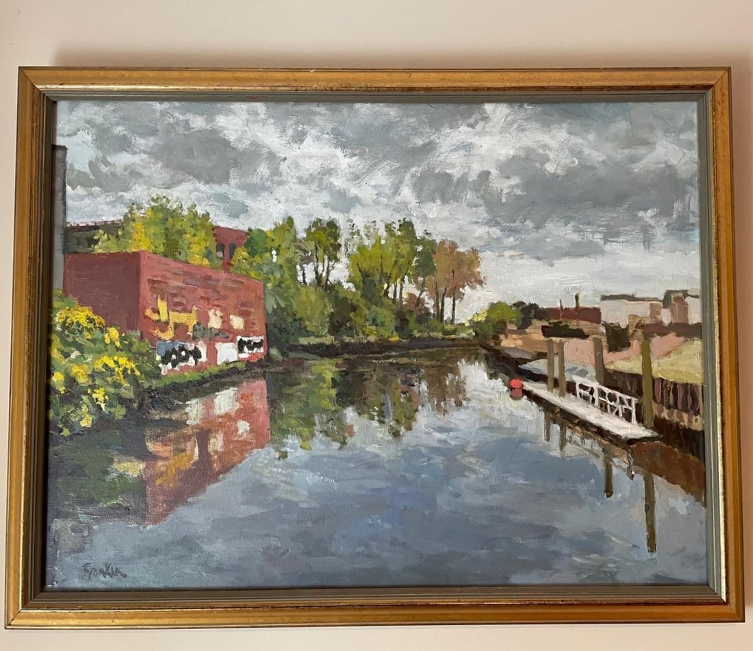 Boris Tyomkin- Oil on canvas "Gowanus Canal, Brooklyn": Artist: Boris Tyomkin. Medium: Oil on canvas. Title: Gowanus Canal, Brooklyn. Size: 18" x 24". Reference#: 25153.