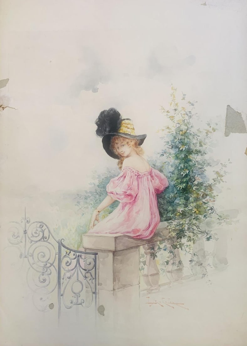 Leon Louis Mahelin- \Watercolor on paper: Artist: Leon Louis Mahelin. Medium: \Watercolor on paper. Size: 13" x 19". Additional: Minor age toning. 1 inch rip left margin , paper stuck to parts of original , refer to images . Sold As is. Refer