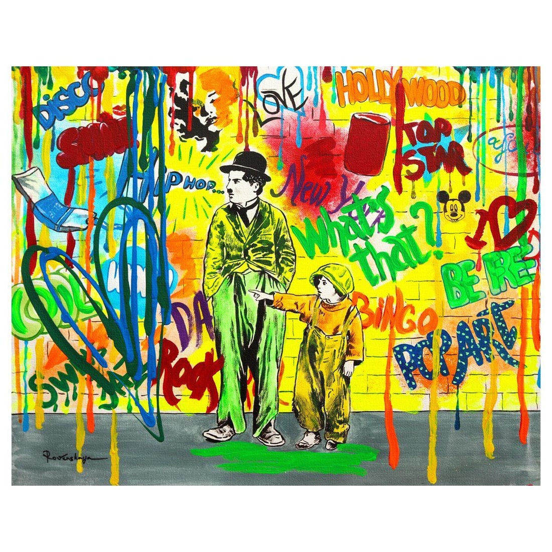 Nastya Rovenskaya- Mixed Media on Canvas "Wanna be like Chaplin": Artist: Nastya Rovenskaya. Medium: Mixed Media on Canvas. Title: Wanna be like Chaplin. Size: 24" x 30". Signature: Hand signed. Certificate of Authenticity: Is included. Reference#: 26296.