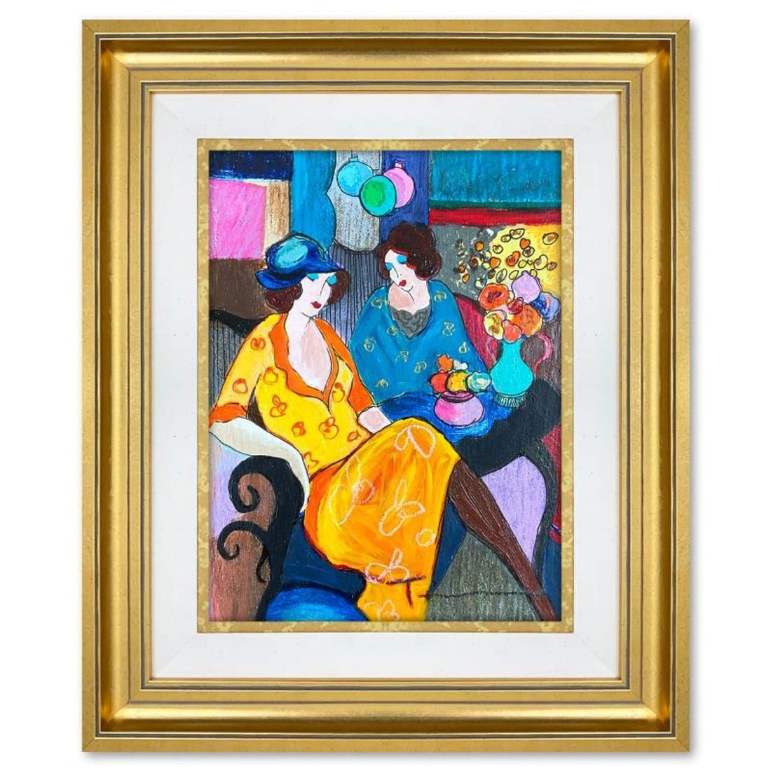 Itzchak Tarkay (1935-2012), "Chit Chat" Framed One-of-a-Kind Mixed Media Over Paint on Wood, Hand: Chit Chat is a one-of-a-kind mixed media over paint on wood by Itzchak Tarkay (1935-2012), hand signed by the artist. This piece comes custom framed. Includes Letter of Authenticity. Measures approx.