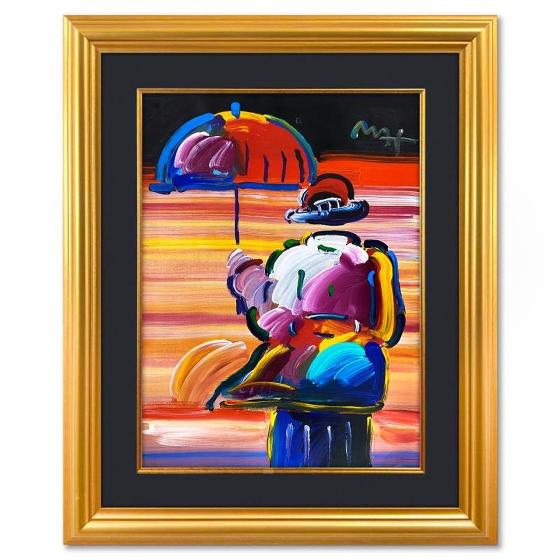 Peter Max, "Umbrella Man" Framed One-of-a-Kind Mixed Media, Hand Signed with Registration Number: Umbrella Man is a one-of-a-kind mixed media on paper, hand signed by Peter Max. The piece comes custom framed with a backside cutout to display Peter Max Studio registration number 193664 certifying a