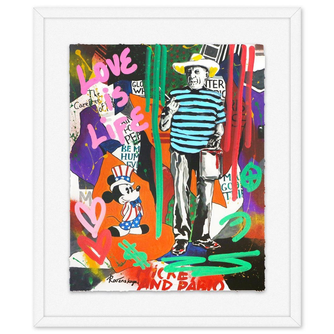 Nastya Rovenskaya- Original Mixed Media on Deckle Edge Paper "Pablo Picasso In Action": Artist: Nastya Rovenskaya. Medium: Original Mixed Media on Deckle Edge Paper. Title: Pablo Picasso In Action. Size: 30" x 24". Measures approx. 40" x 34" (framed). Signature: Hand Signed by the artist