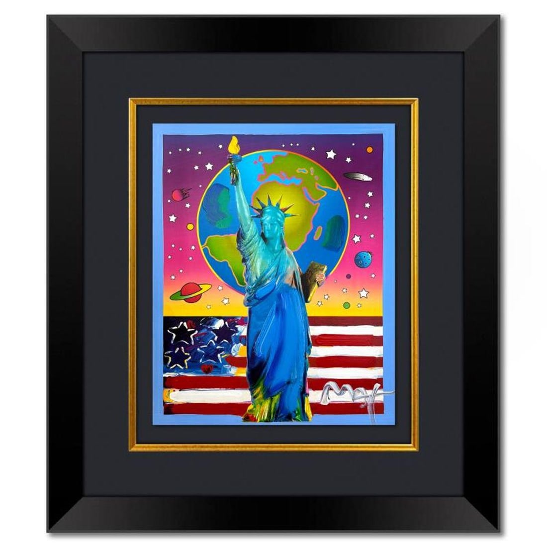 Peter Max, "Liberty, Earth and Flag" Framed One-of-a-Kind Mixed Media, Hand Signed with Registration: Liberty, Earth and Flag is a one-of-a-kind mixed media on paper, hand signed by Peter Max. The piece comes custom framed with a backside cutout to display Peter Max Studio registration number 208254 c