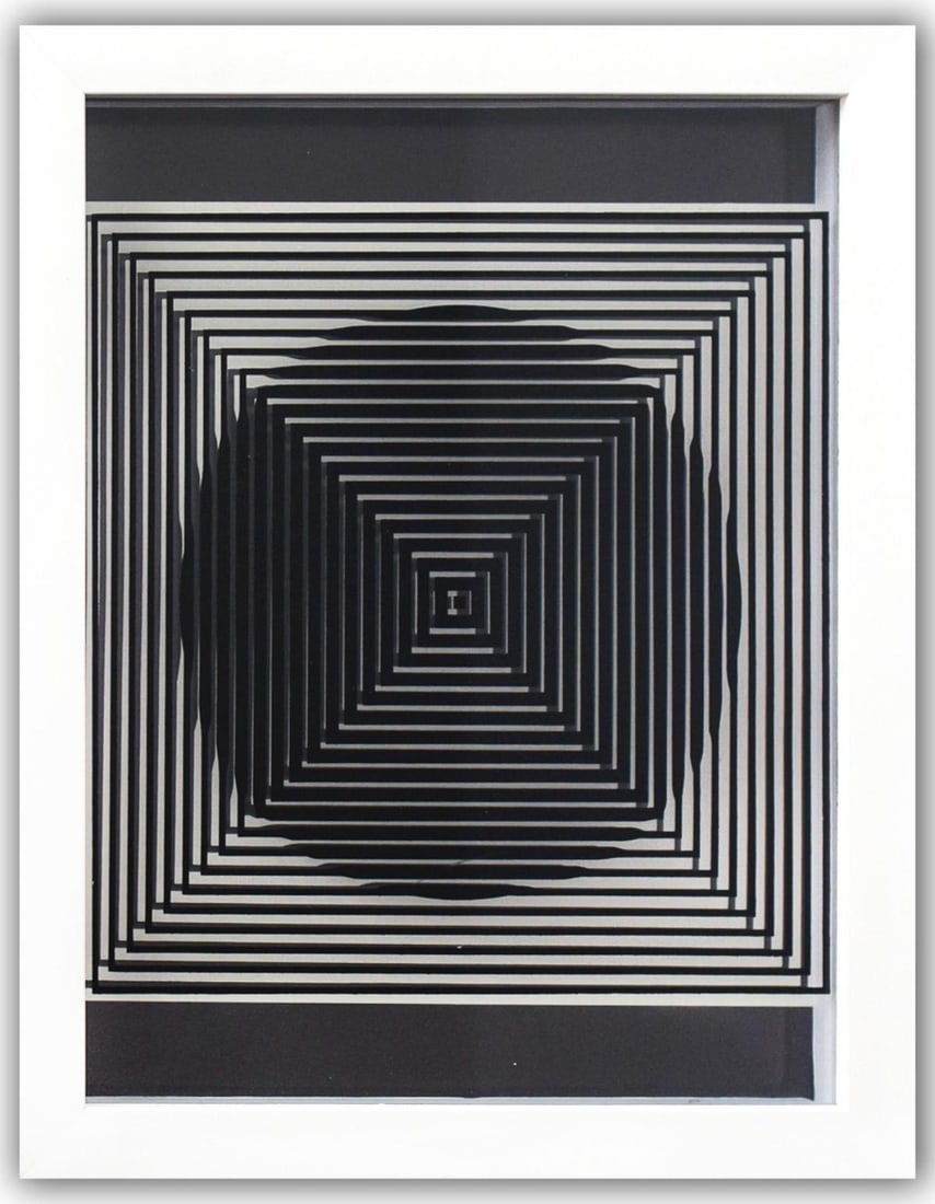 Victor Vasarely- 3D Wall Sculpture/object "Cinetiques": Artist: Victor Vasarely. Medium: 3D Wall Sculpture/object. Title: Cinetiques. Size: 11" x 9". Measures approx. 13" x 10.5" (framed). Additional: Custom Framed. 2 layers- Top layer printed on clear Luc