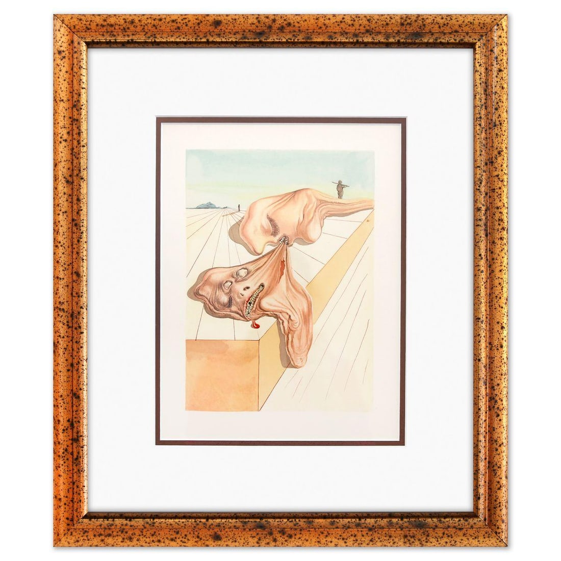 Salvador Dali- Original Color Woodcut on B.F.K. Rives Paper "Inferno 30": Artist: Salvador Dali. Medium: Original Color Woodcut on B.F.K. Rives Paper. Title: Inferno 30. Size: 13" x 10". Measures approx. 20" x 18" (framed). Certificate of Authenticity: Is included. Addition