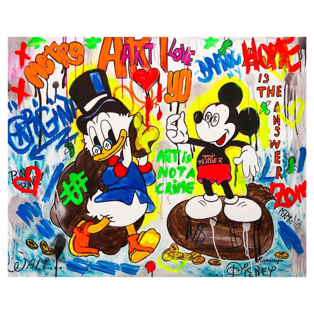 Nastya Rovenskaya- Mixed Media on Canvas "It's All About Money": Artist: Nastya Rovenskaya. Medium: Mixed Media on Canvas. Title: It's All About Money. Size: 24" x 30". Signature: Hand Signed. Certificate of Authenticity: Is included. Reference#: 26453.