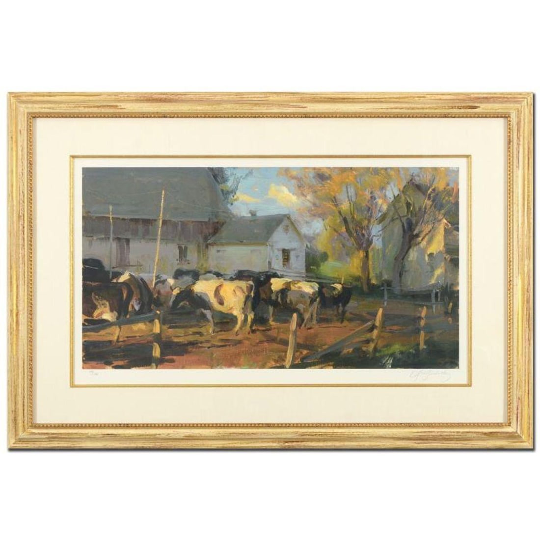 Dan Gerhartz, "Evening Holsteins" Framed Limited Edition, Numbered 44/195 and Hand Signed with: Evening Holsteins is a limited edition giclee on paper by Dan Gerhartz, numbered 44/195 and hand signed by the artist. This piece comes framed. Includes Letter of Authenticity. Measures approx. 42.5"